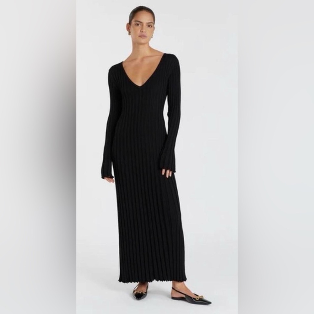 DISSH Reign Dress Black Ribbed V-Neck Long Sleeve Maxi Dress